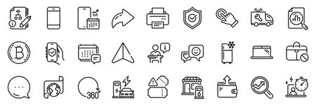 Analytics graph, Filling station and Phone calendar line icons pack. Share, Message, Paper plane icons. Bitcoin, Podium, Smile web icon. Timer, Translation service, Car service pictogram. Vectorのイラスト素材