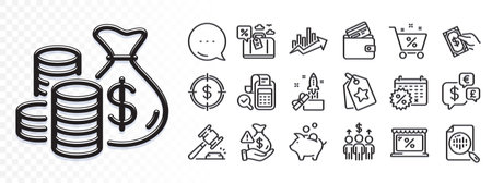 Loan percent, Innovation and Calendar discounts line icons for web app. Glare of light effect. Message icon. Pack of Analytics chart, Travel loan, Coins bag pictogram icons. Vectorのイラスト素材