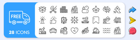 Send box, Free delivery and Car key line icons. Interest rate, AI generate, Inflation icons. Pack of Charging station, Waves, Baby carriage icon. Vectorのイラスト素材