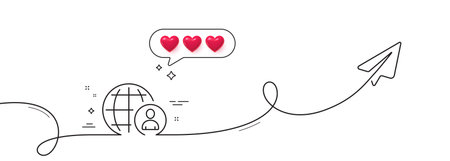 International business recruitment line icon. Continuous line with share plane. Global human resources sign. Hearts rate review in speech bubble. International recruitment single line ribbon. Vectorのイラスト素材