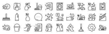 Cleaning line icons. Settings gear, Message, Inflation icons. Laundry, Window sponge and Vacuum cleaner icons. Washing machine, Housekeeping service and Maid cleaner equipment. Vectorのイラスト素材