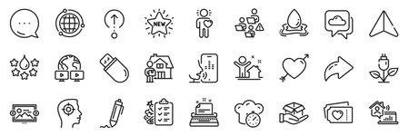 Usb stick, Love and Work home line icons pack. Share, Message, Paper plane icons. Friend, Cooking timer, Delivery man web icon. Eco power, Recruitment, Globe pictogram. Vectorのイラスト素材