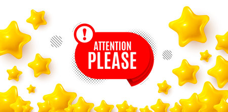 Attention please winner banner with 3d stars. Golden stars banner. Attention please banner. Warning chat bubble sticker. Special offer label. Review rate background. Vectorのイラスト素材