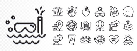 Sale tag, Sunglasses and World travel line icons for web app. Glare of light effect. Message icon. Pack of Sunscreen, Snowman, Vip chip pictogram icons. Vectorのイラスト素材