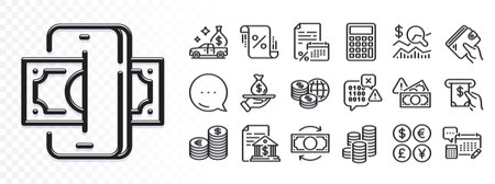 Cash transit, World money and Check investment line icons for web app. Glare of light effect. Message icon. Pack of Currency, Bank document, Atm service pictogram icons. Vectorのイラスト素材
