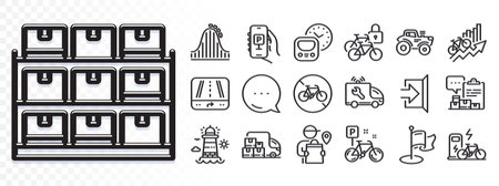 Delivery truck, Car service and Parking app line icons for web app. Glare of light effect. Message icon. Pack of Inventory report, Metro, Bicycle lockers pictogram icons. Vectorのイラスト素材