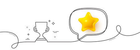 Award cup line icon. Continuous line with 3d star. Winner Trophy symbol. Sports achievement sign. 3d star in speech bubble. Award cup single line ribbon. Loop curve pattern. Vectorのイラスト素材