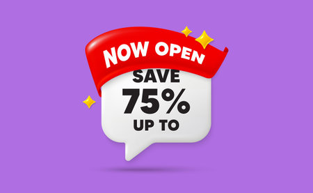 Discount chat speech bubble. Now open flag ribbon. Save up to 75 percent. Discount Sale offer price...