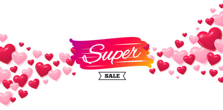 Super sale love banner with 3d hearts. Flying hearts background. Super sale banner. Discount banner shape. Coupon bubble icon. Valentines day greeting card. Vectorのイラスト素材