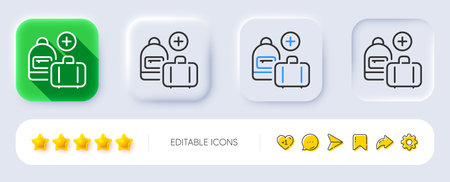 Hand baggage line icon. Neumorphic, Flat shadow, 3d buttons. Add travel bag sign. Handbag luggage symbol. Line add handbag icon. Social media icons. Vectorのイラスト素材