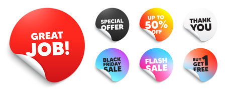 Great job red sticker tag. Special offer paper price tags. Great job tag. Recruitment agency sign. Hire employees symbol. Discount, black friday sticker. Promo banner. Vectorのイラスト素材