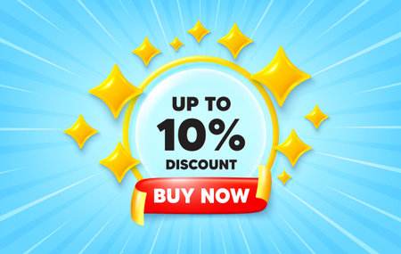 Discount tag sunburst ray banner. Buy now flag ribbon. Up to 10 percent discount tag. Sale offer...
