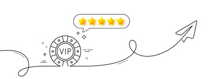 Vip poker chip line icon. Continuous line with share plane. Very important person casino sign. Member club privilege symbol. Five star rate review in speech bubble. Vip chip single line ribbon. Vectorのイラスト素材