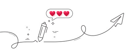 Signature line icon. Continuous line with share plane. Written pen sign. Education symbol. Hearts...