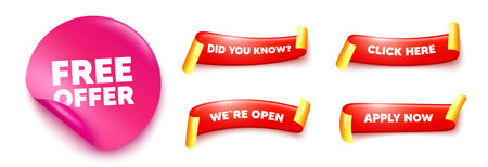 Free offer sticker, offer ribbons. Apply now, Did you know. Free offer tag. Special offer sign. Sale promotion symbol. Pink sticker tag. Flag ribbon banners. Vectorのイラスト素材