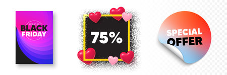 Discount photo frame 3d hearts. Special offer sticker banner. 75 percent off sale tag. Discount offer price sign. Special offer symbol. Black friday poster. Promo background. Vectorのイラスト素材