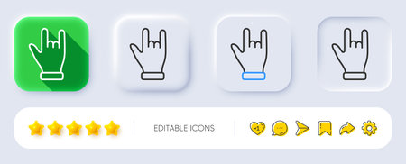 Horns hand line icon. Neumorphic, Flat shadow, 3d buttons. Two fingers palm sign. Gesture symbol....