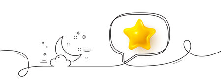 Night weather line icon. Continuous line with 3d star. Moon with cloud sign. Sleep symbol. 3d star in speech bubble. Night weather single line ribbon. Loop curve pattern. Vectorのイラスト素材
