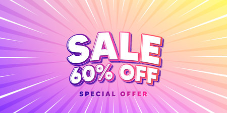 Sale sun rays gradient banner. Light burst background. Sale 60 percent off discount. Promotion price...