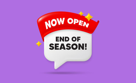 End season chat speech bubble. Now open flag ribbon. End of Season Sale. Special offer price sign. Advertising Discounts symbol. 3d sparkle stars speech bubble. Vectorのイラスト素材