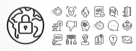 Attached info, Face detection and Timer line icons for web app. Glare of light effect. Message icon. Pack of Grill tools, Flammable fuel, Auction pictogram icons. Vectorのイラスト素材