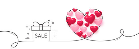 Gift box line icon. Continuous line big heart. Present or Sale sign. Birthday Shopping symbol. Package in Gift Wrap. 3d hearts in heart shaped loop. Sale offer single line ribbon. Vectorのイラスト素材
