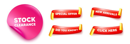 Stock clearance sticker, offer ribbons. New arrivals, Click here. Stock clearance sale tag. Special offer price sign. Advertising discounts symbol. Pink sticker tag. Flag ribbon banners. Vectorのイラスト素材