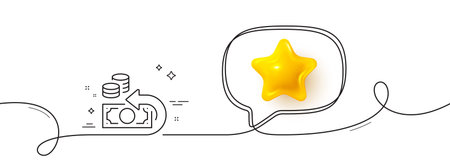 Cash back line icon. Continuous line with 3d star. Return money sign. Bank benefits symbol. 3d star in speech bubble. Cash back single line ribbon. Loop curve pattern. Vectorのイラスト素材