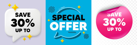 Discount speech bubble. 3d sparkles chat, Paper sticker. Save up to 30 percent tag. Discount Sale...