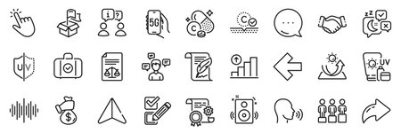 Bribe, Interview and Cursor line icons pack. Share, Message, Paper plane icons. Construction document, Sunscreen, Sleep web icon. Conversation messages, Human sing, Delivery location pictogram. Vectorのイラスト素材