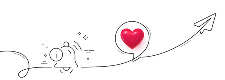 Information bell line icon. Continuous line with share plane. Alarm reminder info sign. Notification message symbol. 3d heart in speech bubble. Information bell single line ribbon. Vectorのイラスト素材