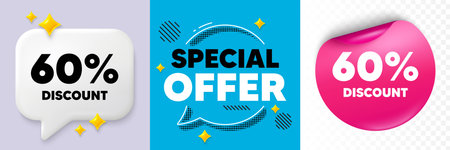 Discount speech bubble. 3d sparkles chat, Paper sticker. 60 percent discount tag. Sale offer price sign. Special offer symbol. Special offer bubble. Halftone dots pattern. Vectorのイラスト素材