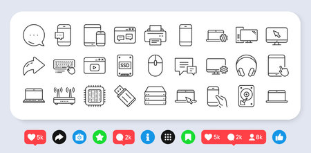 Mobile device line icons. Social media: share, comment, like icons. Smartphone, Laptop, Tablet PC icons. HDD, SSD and Flash drive. Headphones, Printer and tablet device. Vectorのイラスト素材