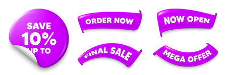 Discount purple sticker, Sale offer ribbons. Final sale, Order now. Save up to 10 percent. Discount Sale offer price sign. Special offer symbol. Sticker badge. Flag ribbon banners. Vectorのイラスト素材