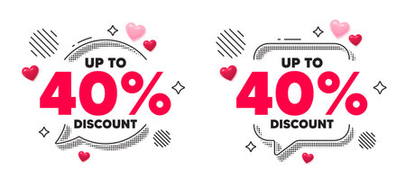 Discount tag chat speech bubble. Social media concept. Up to 40 percent discount. Sale offer price sign. Special offer symbol. Save 40 percentages. 3d hearts chat bubble. Vectorのイラスト素材