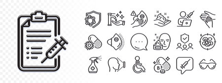 Washing hands, Vaccination appointment and Eyeglasses line icons for web app. Glare of light effect. Message icon. Pack of Face id, Niacin vitamin, Coronavirus pictogram icons. Vectorのイラスト素材