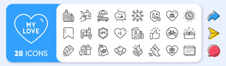 Discount, My love and Bicycle prohibited line icons. Interest rate, AI generate, Inflation icons. Pack of Guard, Map, Search puzzle icon. Secret gift, Calendar, Romantic gift pictogram. Vectorのイラスト素材