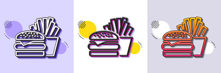 Burger with fries line icon. Halftone dotted pattern. Gradient icon with grain shadow. Fast food restaurant sign. Hamburger or cheeseburger symbol. Line burger icon. Various designs. Vectorのイラスト素材