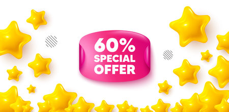 Discount sticker stars banner. 3d stars background. 60 percent discount offer tag. Sale price promo...