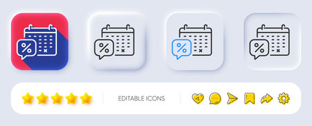 Discounts calendar line icon. Neumorphic, Flat shadow, 3d buttons. Sale offer sign. Promotion price symbol. Line discounts calendar icon. Social media icons. Vectorのイラスト素材