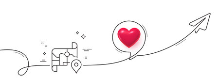 Map line icon. Continuous line with share plane. Road trip sign. Journey route distance symbol. 3d heart in speech bubble. Map single line ribbon. Loop curve pattern. Vectorのイラスト素材