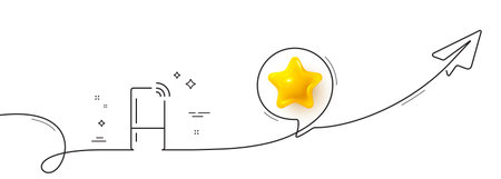 Refrigerator with wifi function line icon. Continuous line with share plane. Fridge sign. Freezer storage symbol. 3d star in speech bubble. Refrigerator single line ribbon. Loop curve pattern. Vectorのイラスト素材