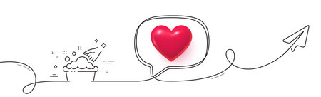 Hand washing line icon. Continuous line with share plane. Laundry service sign. Clothing cleaner symbol. 3d heart in speech bubble. Hand washing single line ribbon. Loop curve pattern. Vectorのイラスト素材