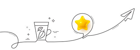 Mint Tea line icon. Continuous line with share plane. Fresh herbal beverage sign. Mentha leaves symbol. 3d star in speech bubble. Mint leaves single line ribbon. Loop curve pattern. Vectorのイラスト素材
