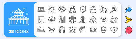Teamwork, Seo laptop and Ab testing line icons. Interest rate, AI generate, Inflation icons. Pack of Headphones, Brush, Seafood icon. 5g wifi, Bus parking, Sleep pictogram. Vectorのイラスト素材