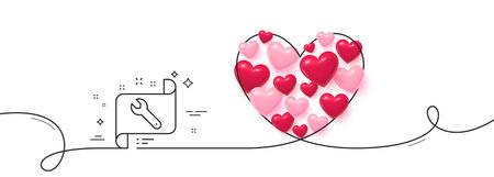 Spanner tool line icon. Continuous line big heart. Repair service blueprint sign. Fix instruments symbol. 3d hearts in heart shaped loop. Spanner single line ribbon. Loop curve pattern. Vectorのイラスト素材