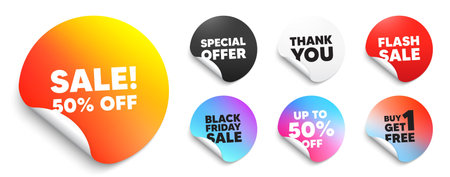Sale sticker tag. Special offer paper price tags. Sale 50 percent off discount. Promotion price offer sign. Retail badge symbol. Discount, black friday sticker. Promo banner. Vectorのイラスト素材