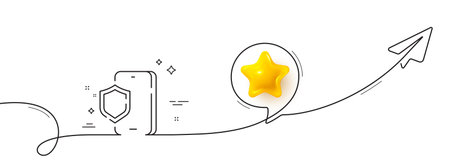 Phone protection line icon. Continuous line with share plane. Smartphone or Cellphone antivirus sign. Mobile accessories symbol. 3d star in speech bubble. Phone protection single line ribbon. Vectorのイラスト素材