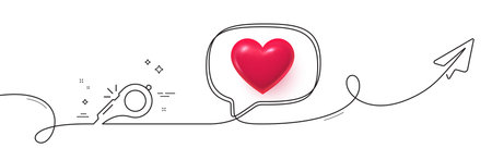 Whistle line icon. Continuous line with share plane. Kick-off sign. Referee tool symbol. 3d heart in speech bubble. Whistle single line ribbon. Loop curve pattern. Vectorのイラスト素材