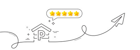 Parking line icon. Continuous line with share plane. Car park sign. Transport place garage symbol. Five star rate review in speech bubble. Parking single line ribbon. Loop curve pattern. Vectorのイラスト素材
